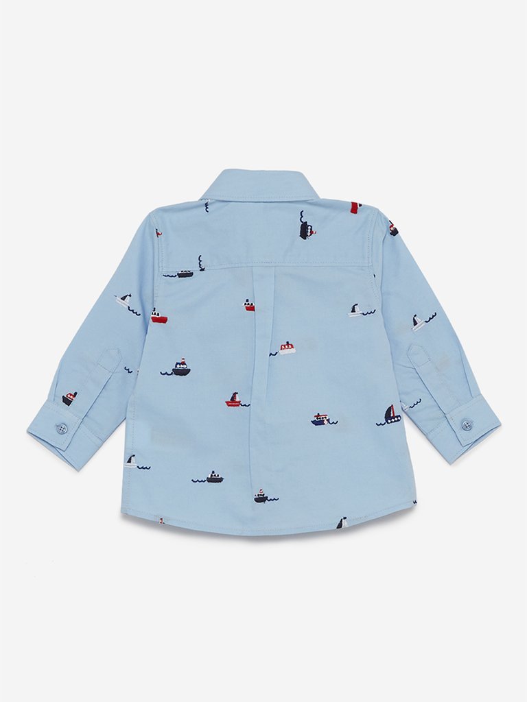 Baby HOP Blue Embroidered Boat Design Shirt