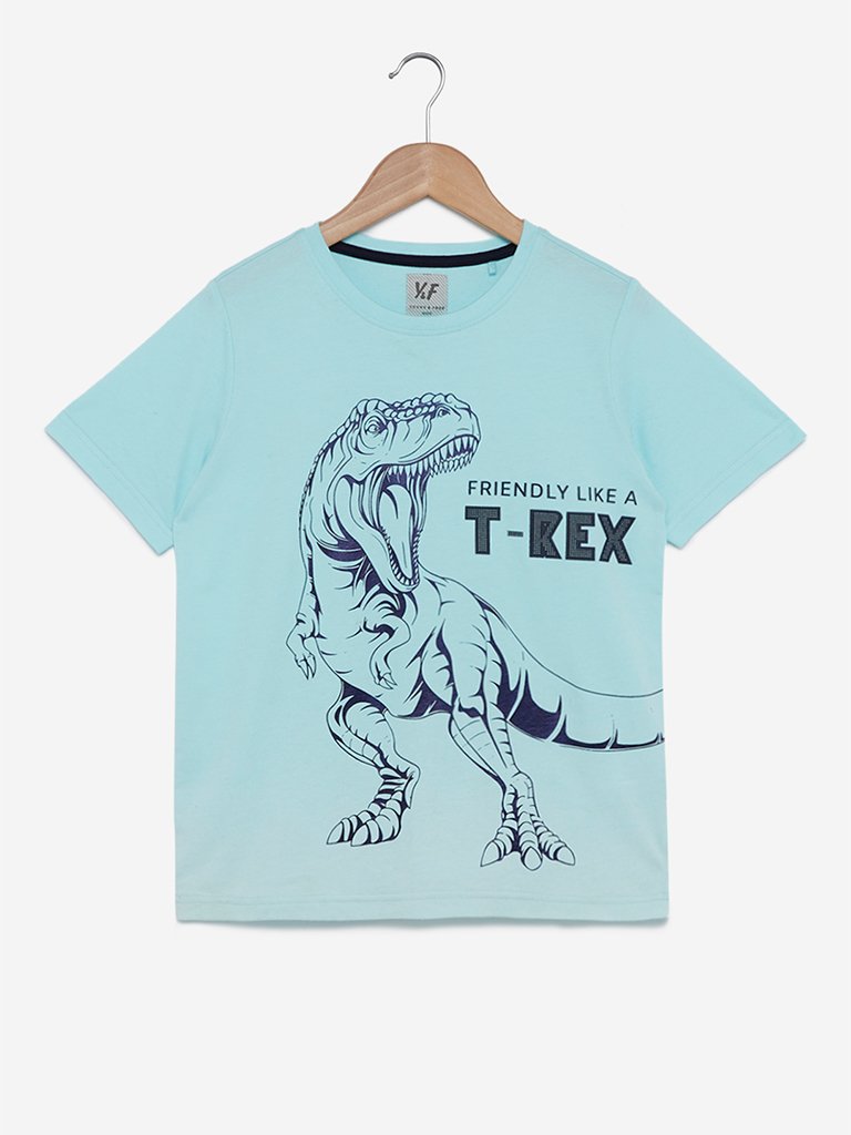 Y&F Kids Aqua Printed Crewneck T-Shirt