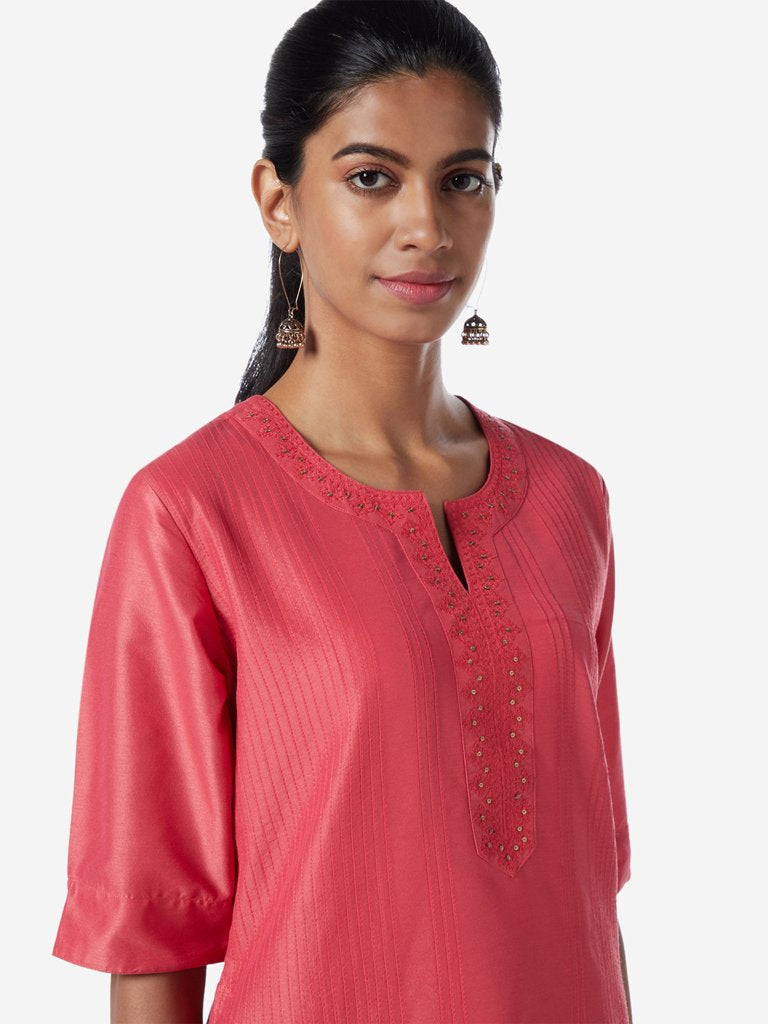 Utsa Pink Embroidered Straight Kurta