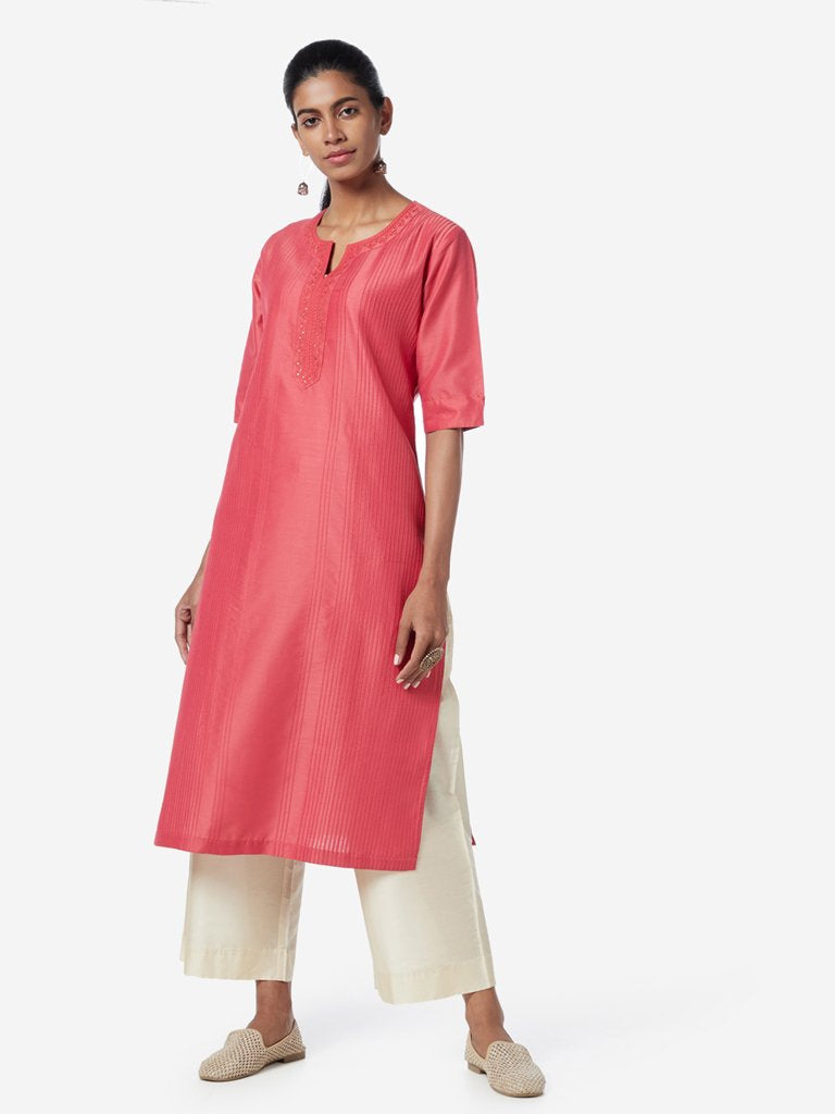 Utsa Pink Embroidered Straight Kurta