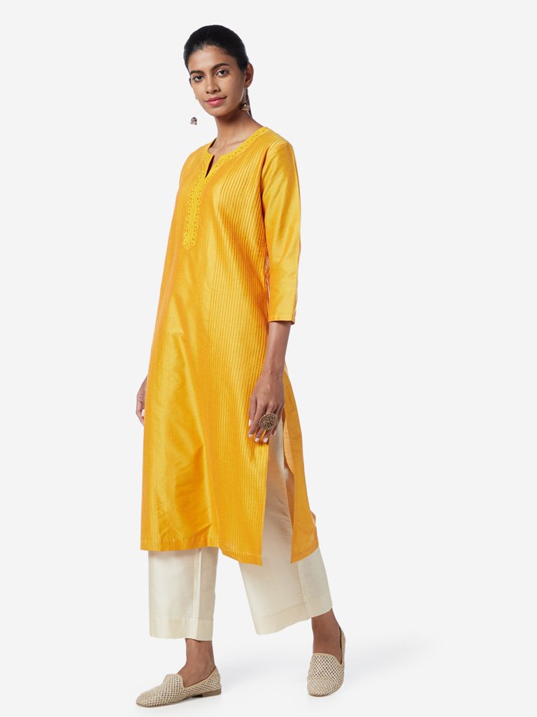 Utsa Yellow Embroidered Straight Kurta