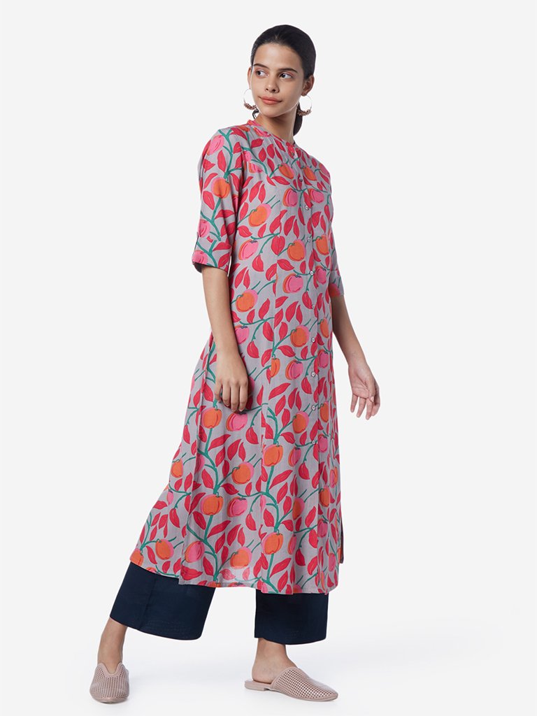 Utsa Grey A-Line Floral Design Kurta