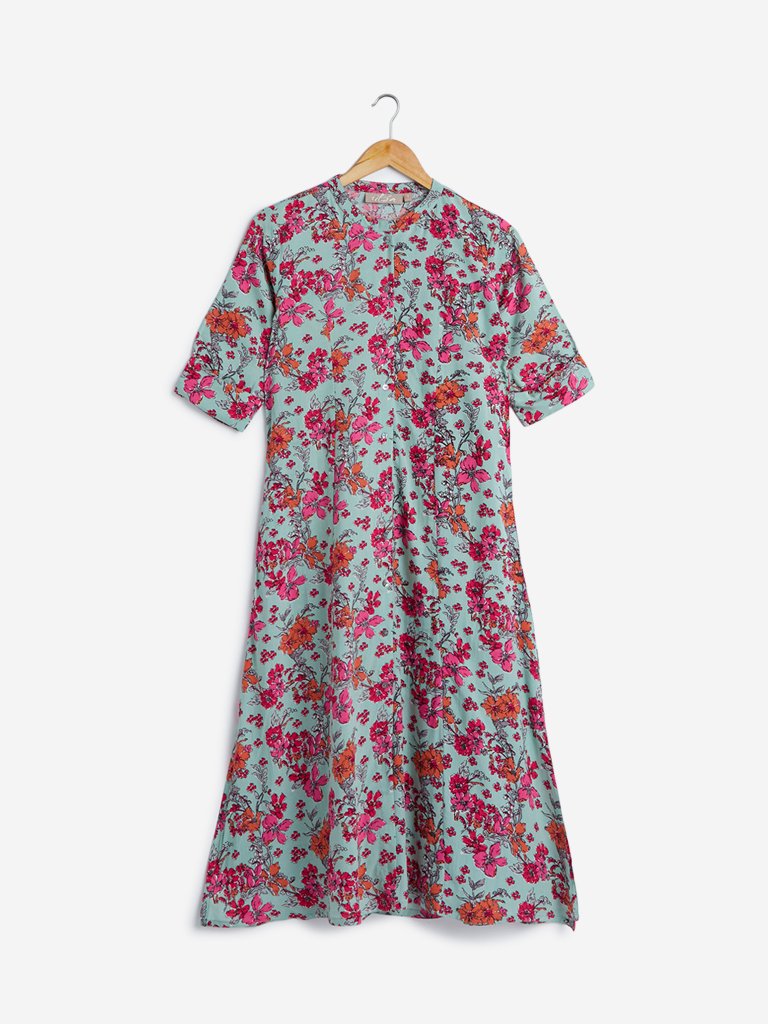 Utsa Turquoise Floral Print A-line Kurta