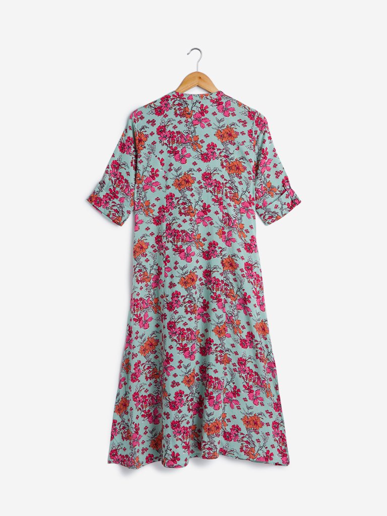 Utsa Turquoise Floral Print A-line Kurta