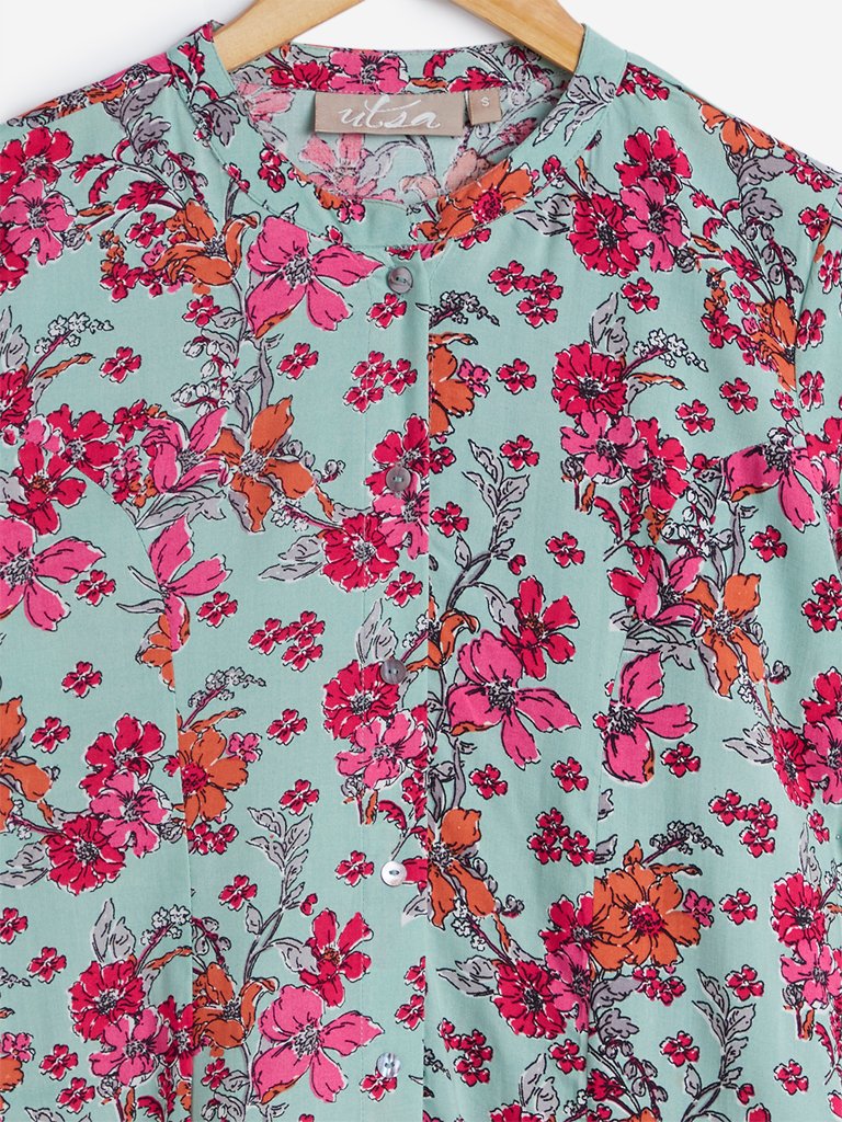 Utsa Turquoise Floral Print A-line Kurta