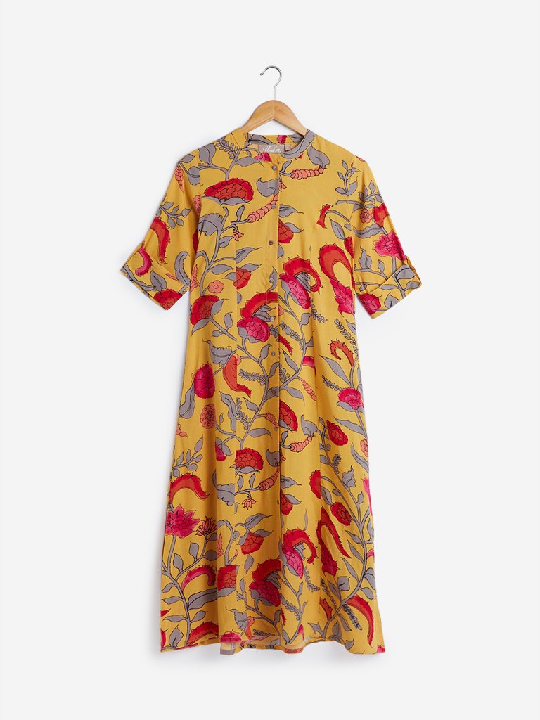 Utsa Yellow Floral Print A-line Kurta