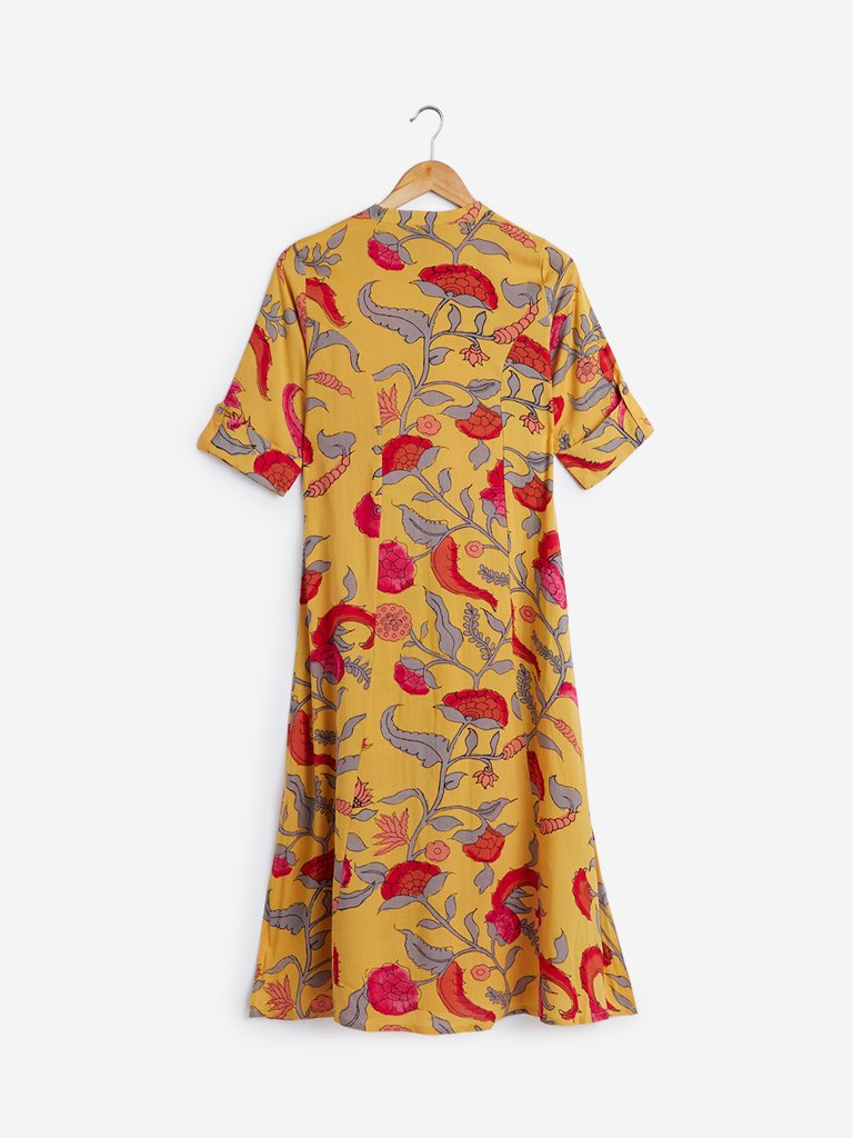 Utsa Yellow Floral Print A-line Kurta
