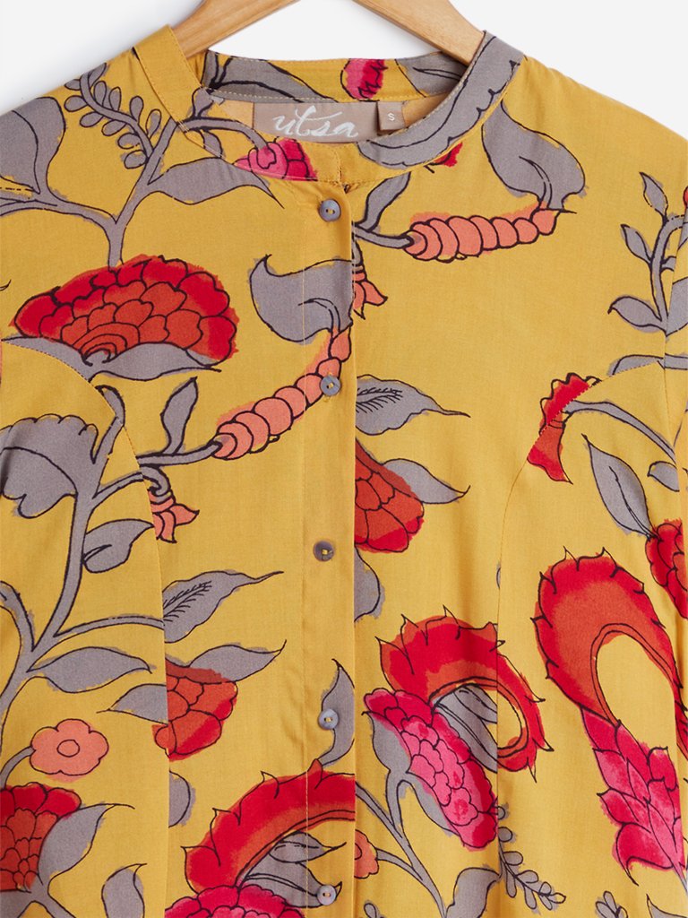 Utsa Yellow Floral Print A-line Kurta