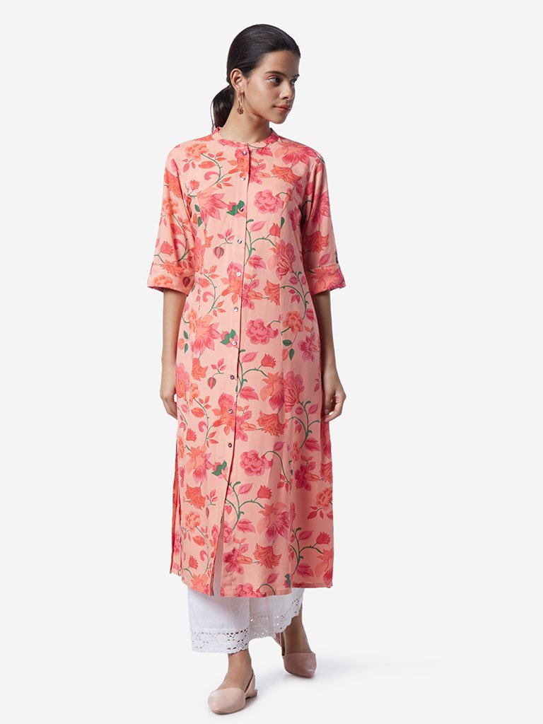 Utsa Coral Floral Pattern A-Line Kurta