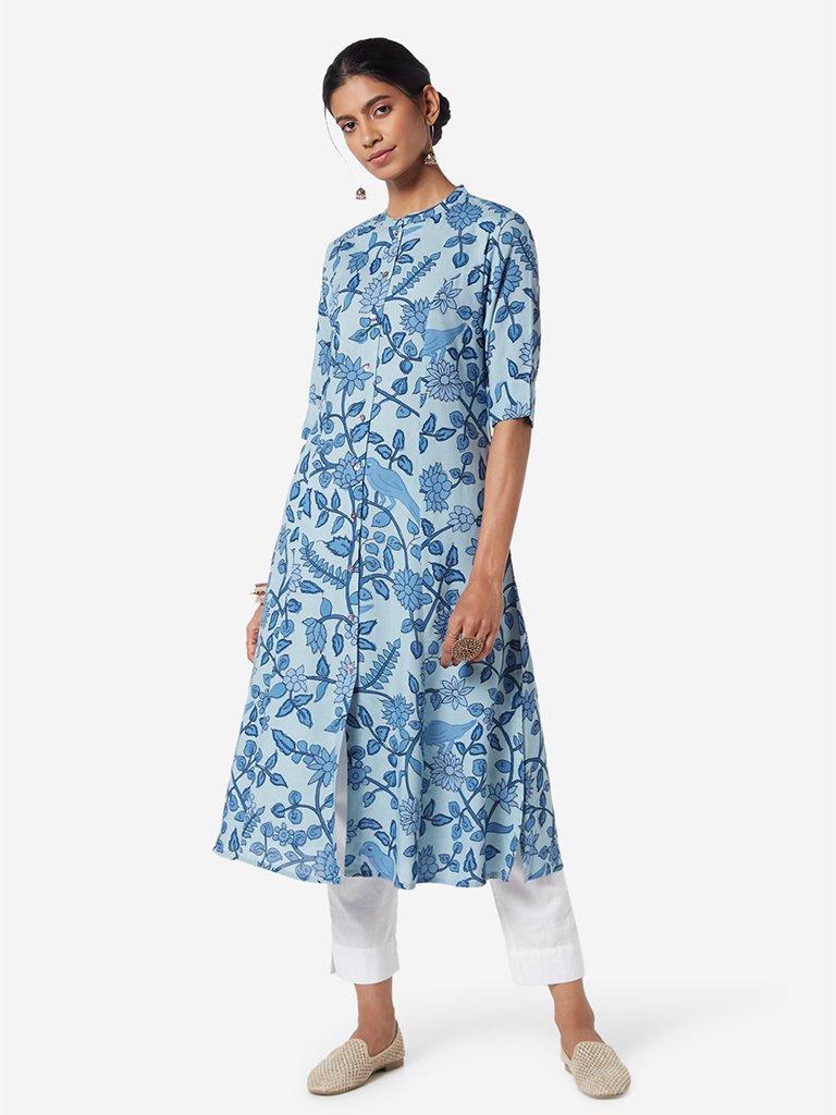 Utsa Indigo Floral Patterned A-line Kurta