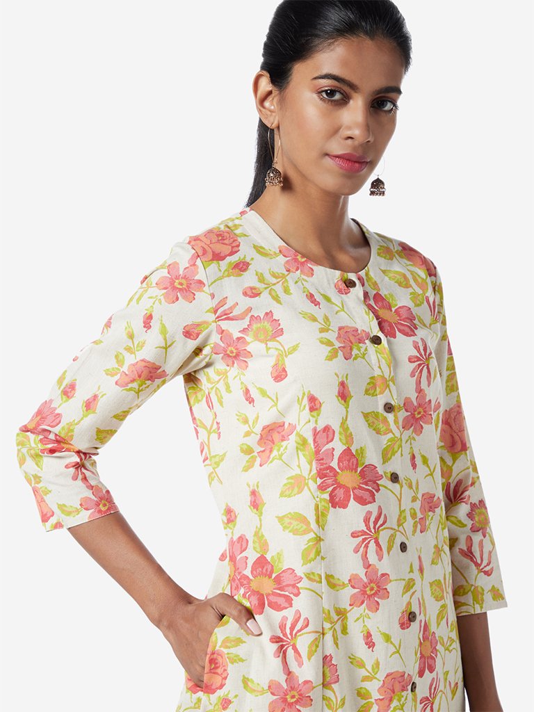 Utsa Off White Floral Printed A-line Kurta