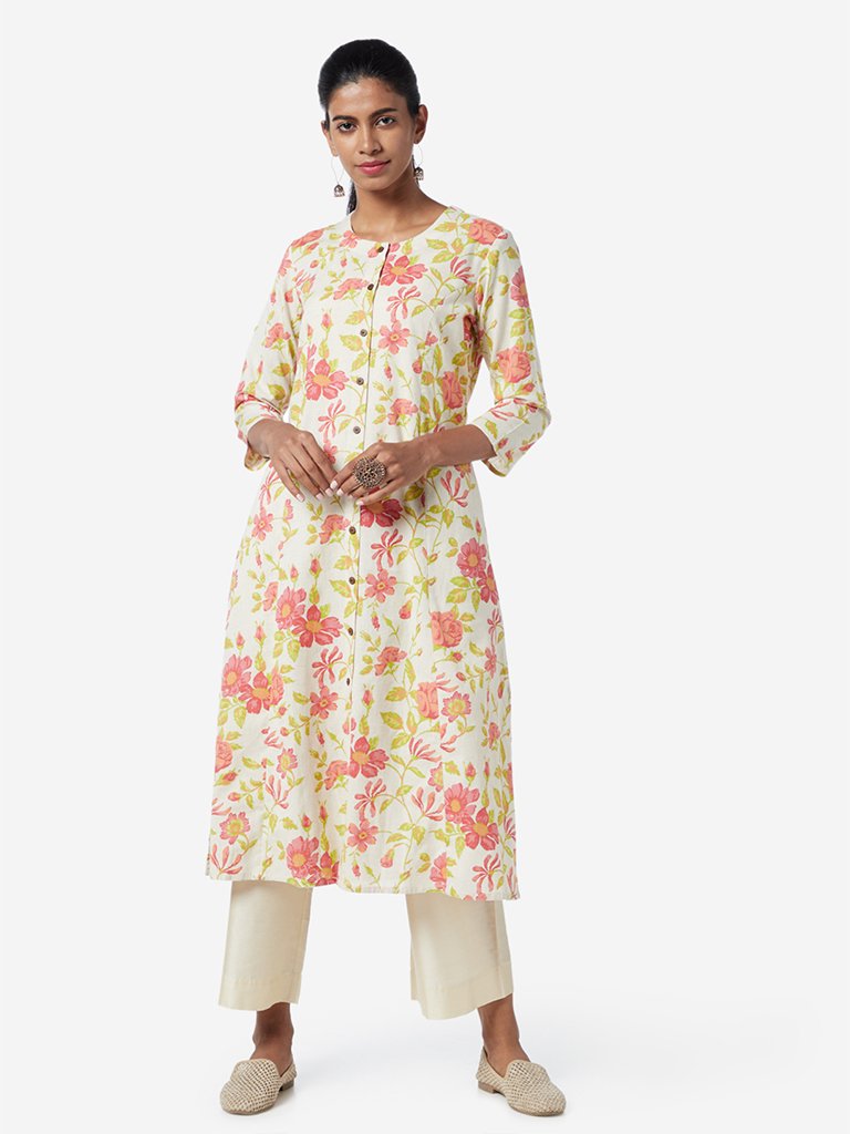 Utsa Off White Floral Printed A-line Kurta