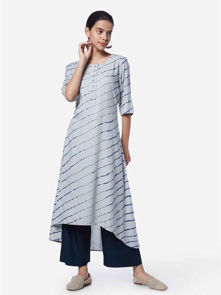 Utsa Light Blue Striped High-Low Kurta