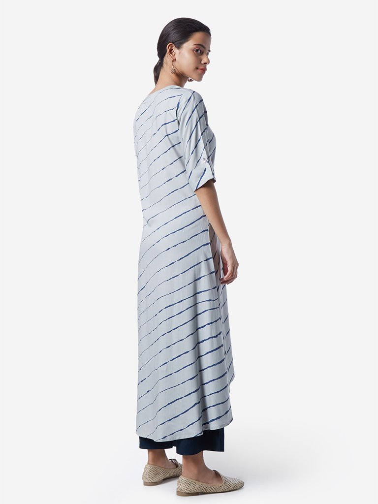 Utsa Light Blue Striped High-Low Kurta