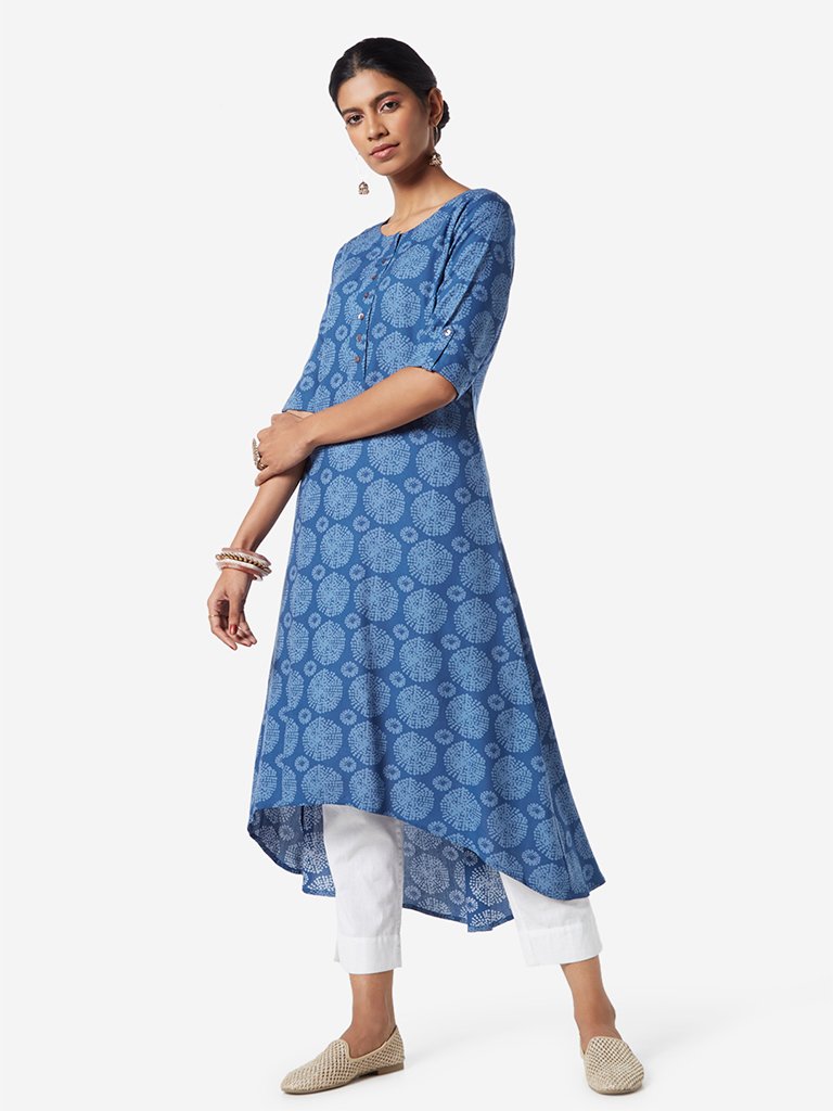 Utsa Indigo Geometrical Print High-Low Kurta