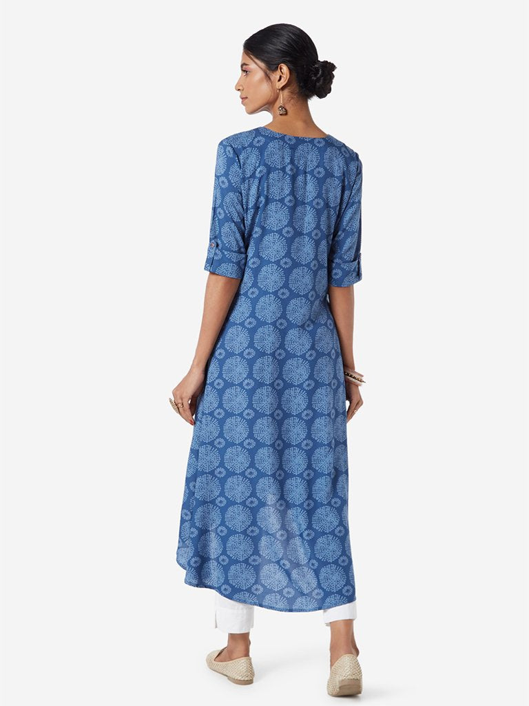 Utsa Indigo Geometrical Print High-Low Kurta