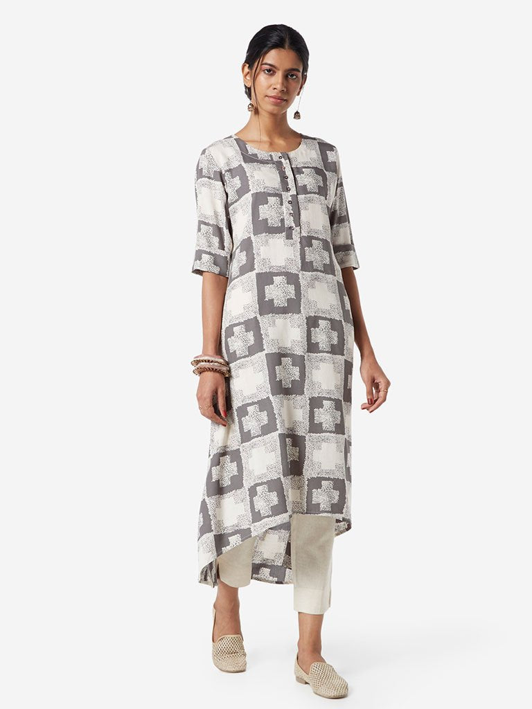 Utsa Grey Cross Print High-Low Kurta