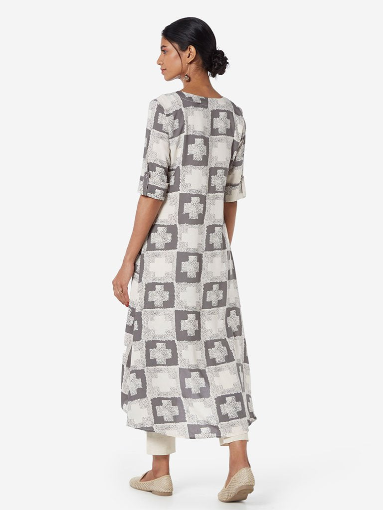 Utsa Grey Cross Print High-Low Kurta