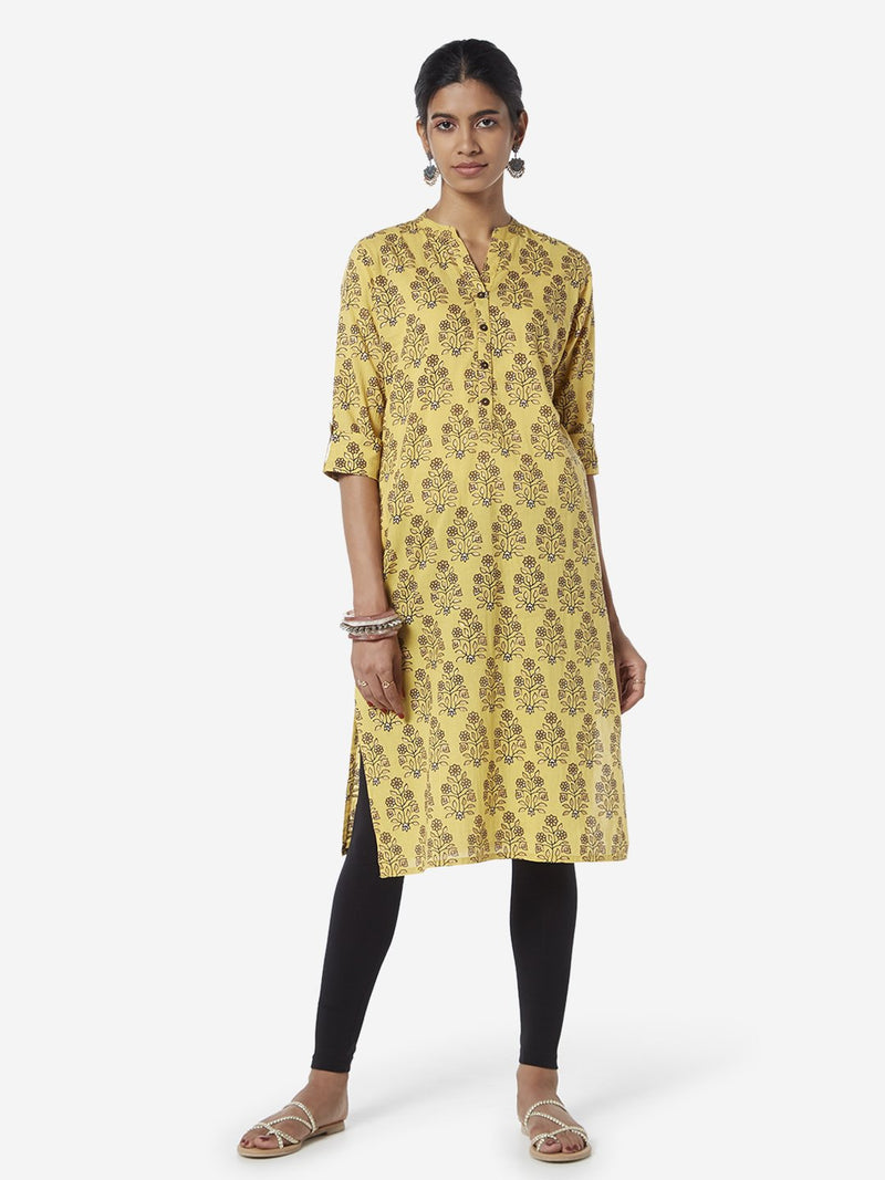 Utsa Yellow Floral Printed Straight Kurta