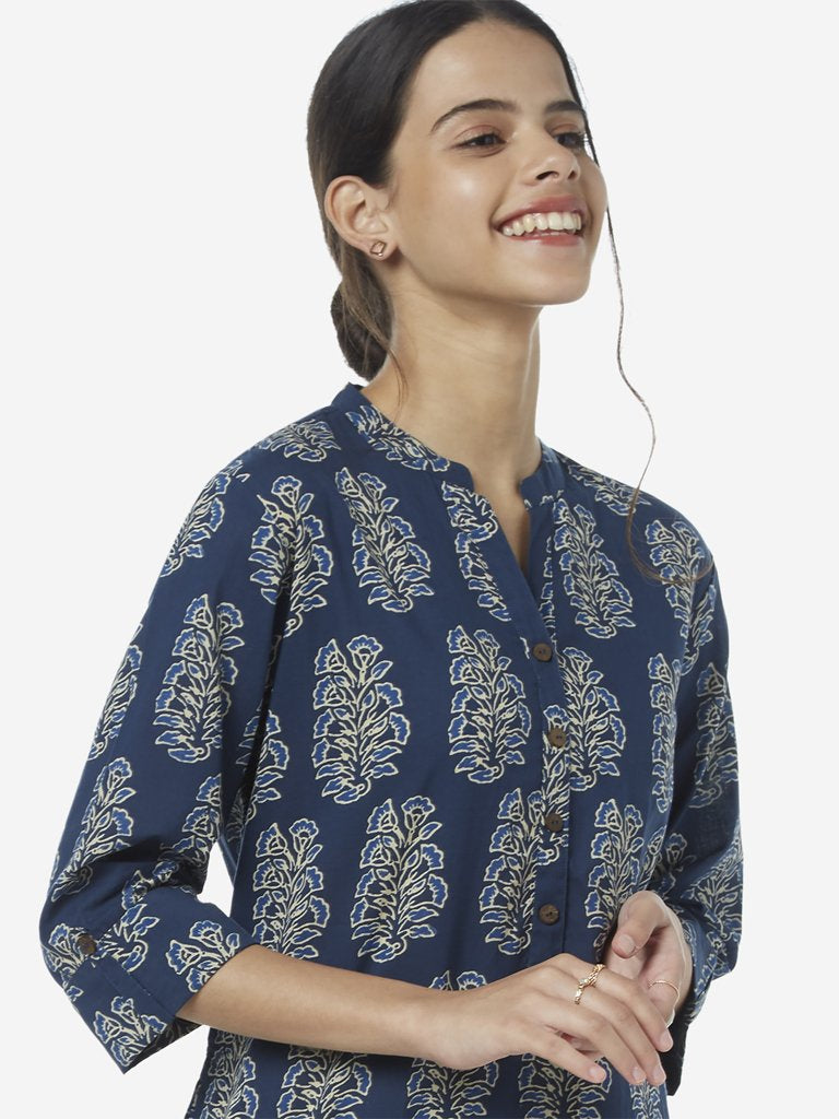 Utsa Indigo Floral Print Straight Kurta