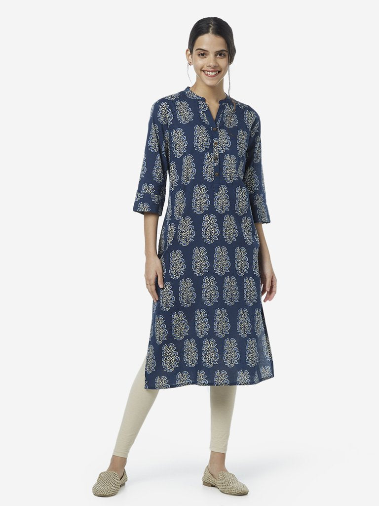 Utsa Indigo Floral Print Straight Kurta