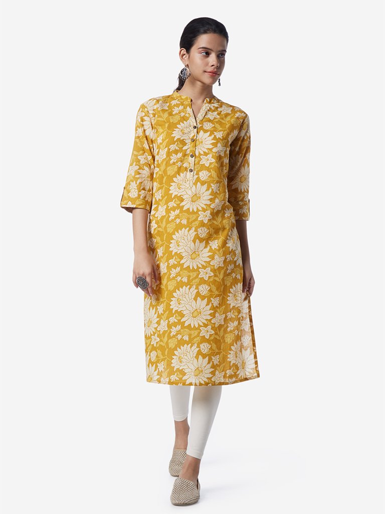 Utsa Mustard Floral Print Straight Kurta