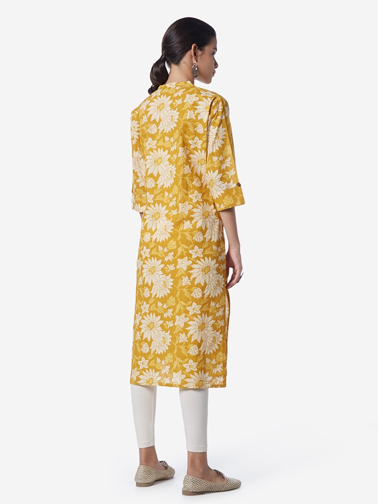 Utsa Mustard Floral Print Straight Kurta