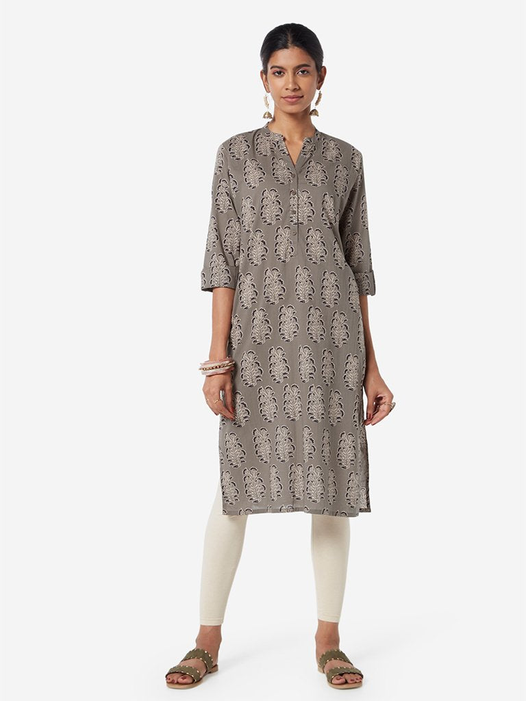 Utsa Grey Floral Print Pure-Cotton Kurta