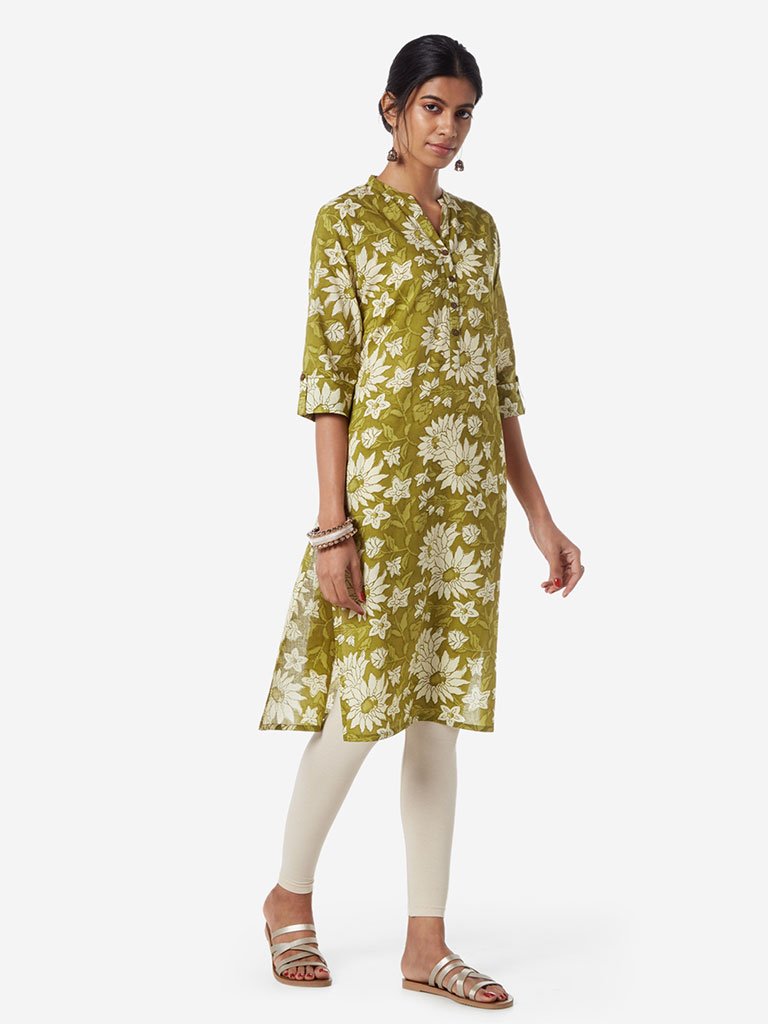 Utsa Olive Floral Printed Straight Kurta