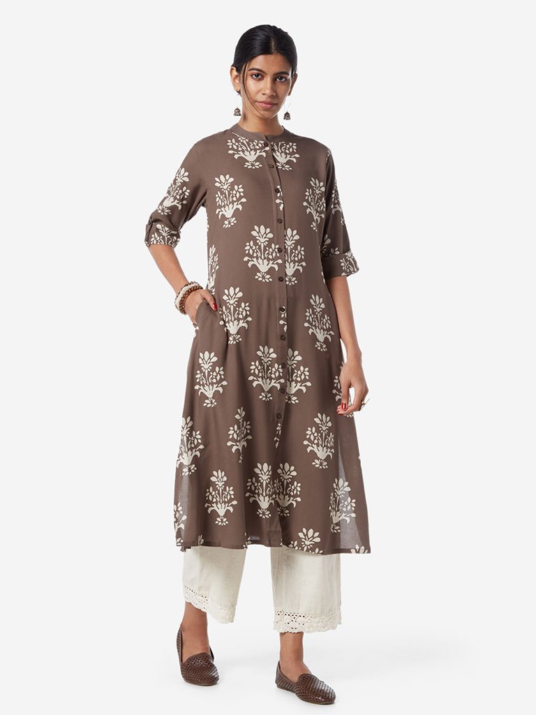 Utsa Dark Grey Floral A-line Kurta