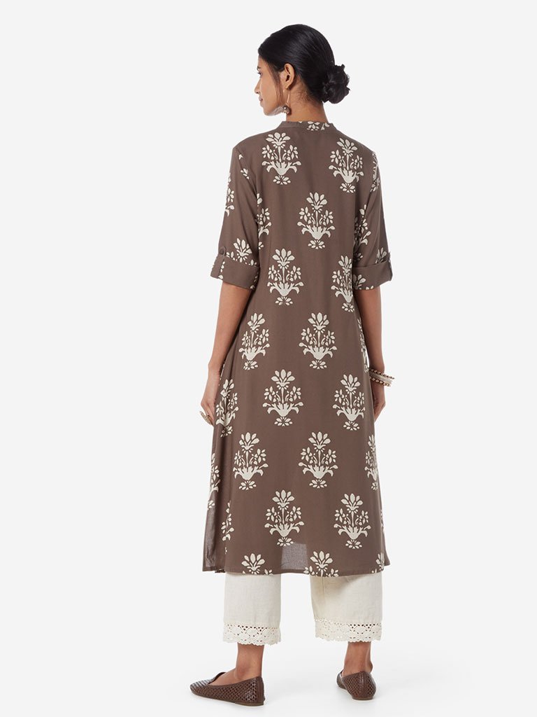 Utsa Dark Grey Floral A-line Kurta