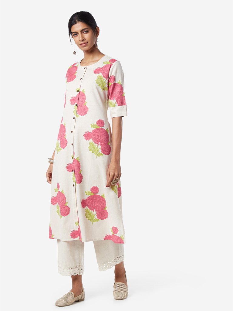Utsa Off White Floral Print A-line Kurta