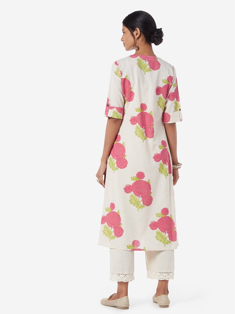 Utsa Off White Floral Print A-line Kurta