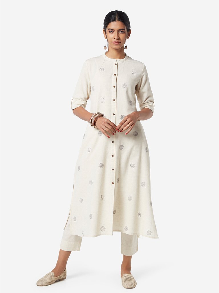 Utsa Off White Circular Printed A-line Kurta