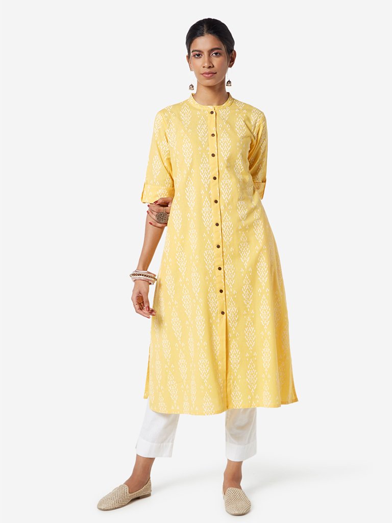 Utsa Yellow Ikat Printed A-line Kurta