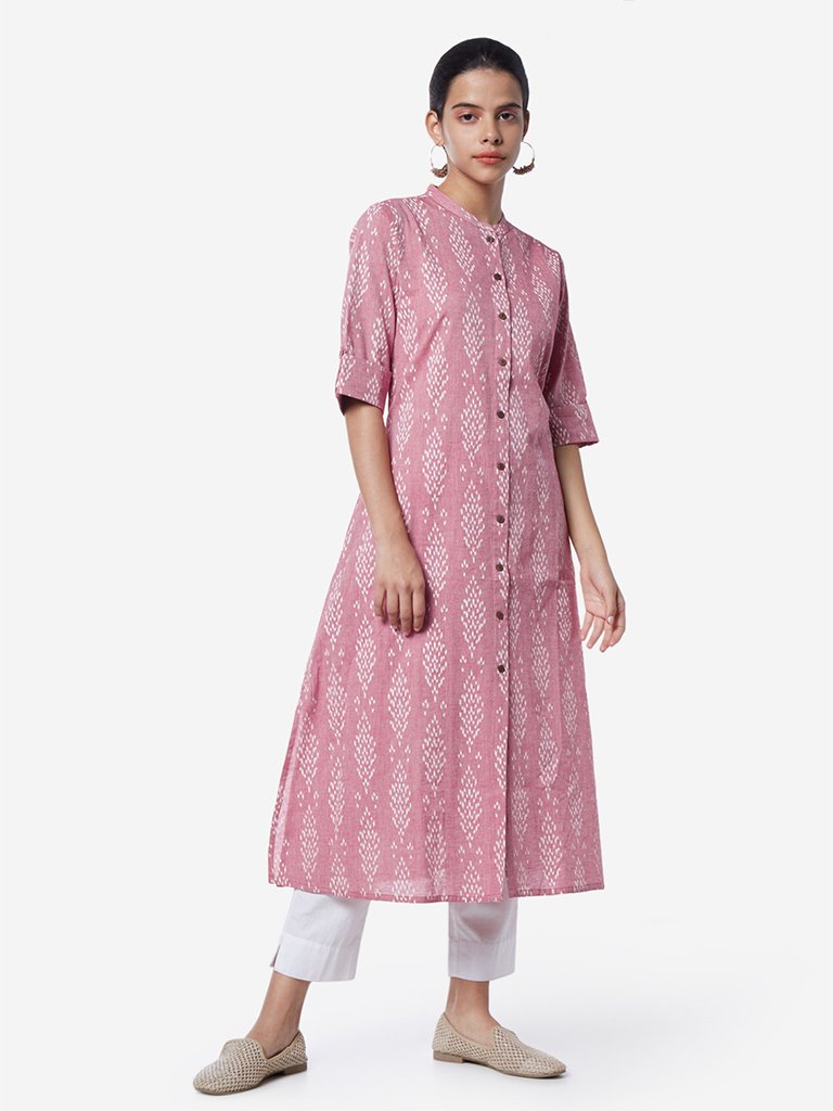 Utsa Dull Pink A-Line Ikat Design Kurta