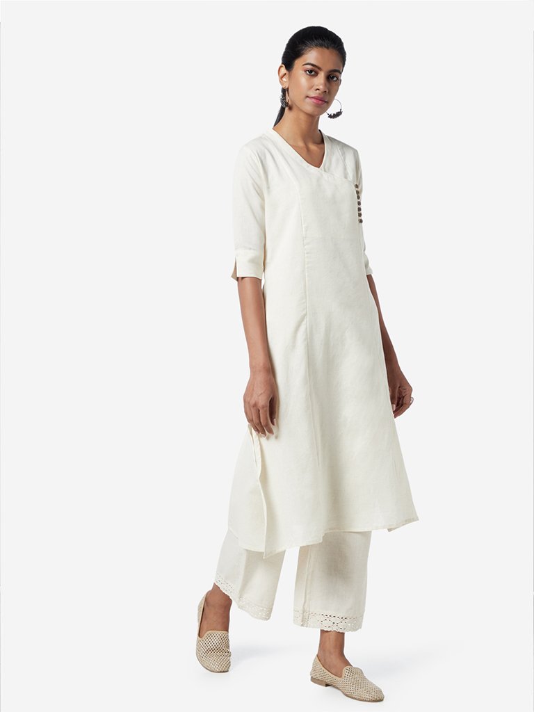 Utsa Off White Button-Detail A-line Kurta