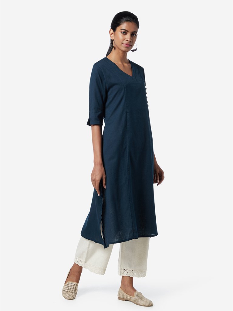 Utsa Indigo Button-Detail A-line Kurta
