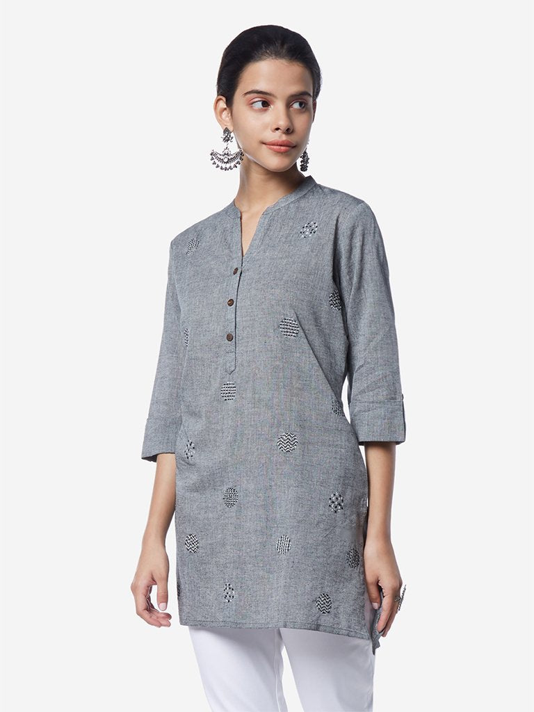 Utsa Grey Embroidered High-Low Kurti
