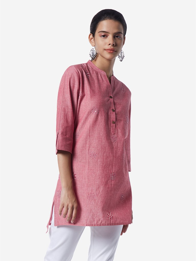 Utsa Pink Embroidered High-Low Kurti