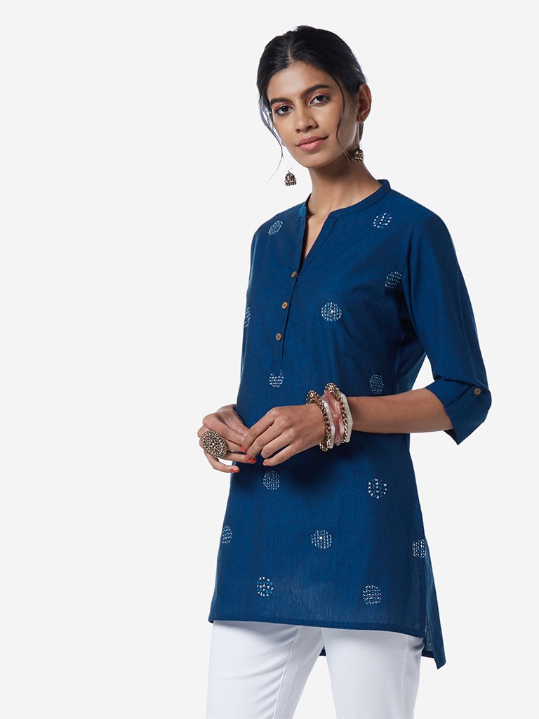 Utsa Indigo Embroidered High-Low Kurti