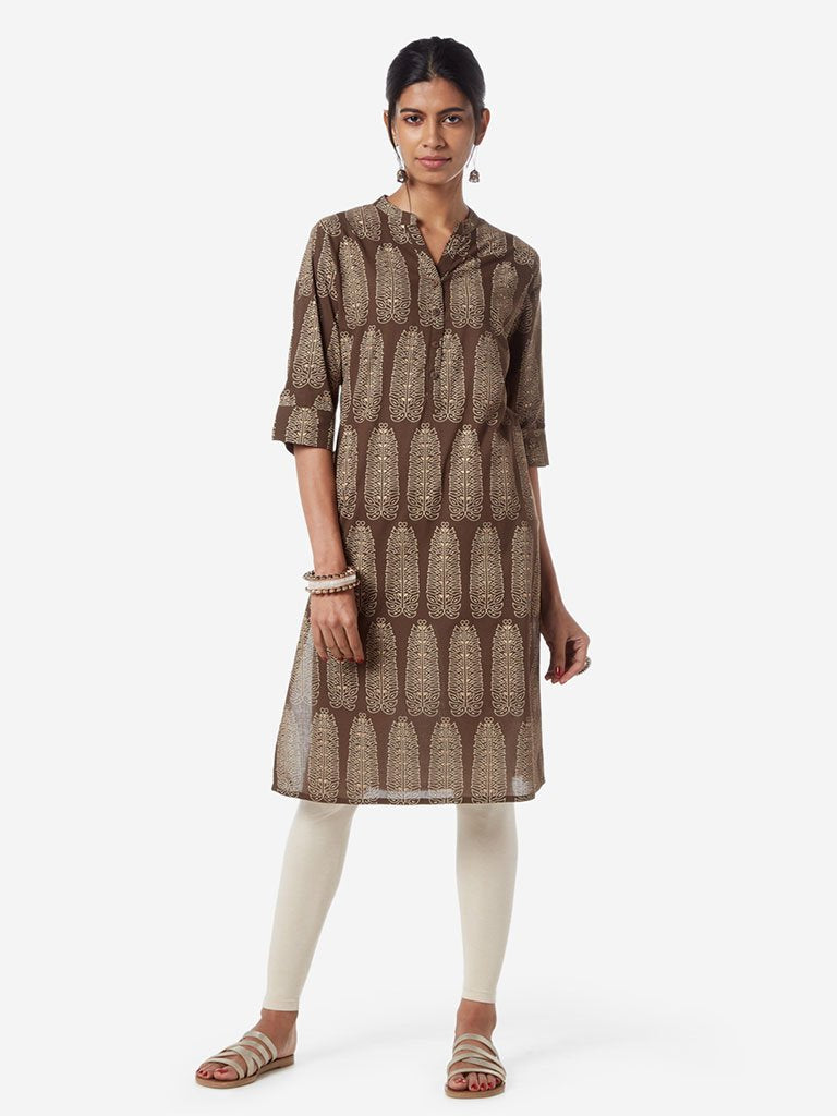 Utsa Brown Leaf Patterned Cotton Straight Kurta