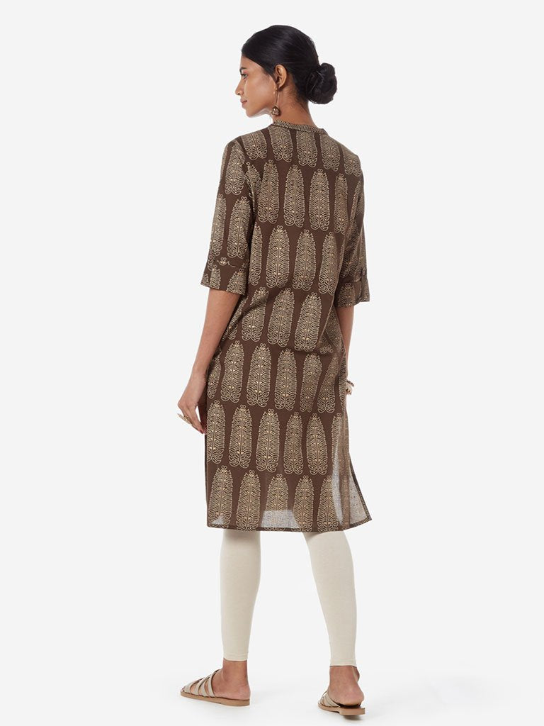 Utsa Brown Leaf Patterned Cotton Straight Kurta