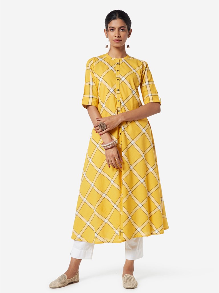 Utsa Yellow Band-Neck Checkered A-line Kurta