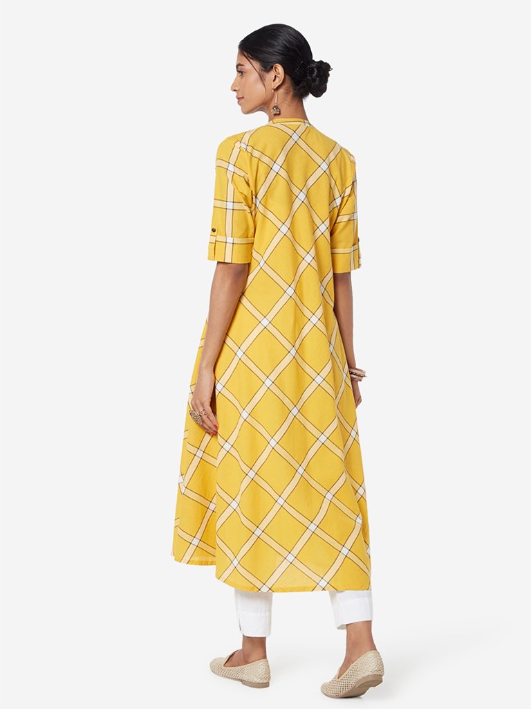 Utsa Yellow Band-Neck Checkered A-line Kurta
