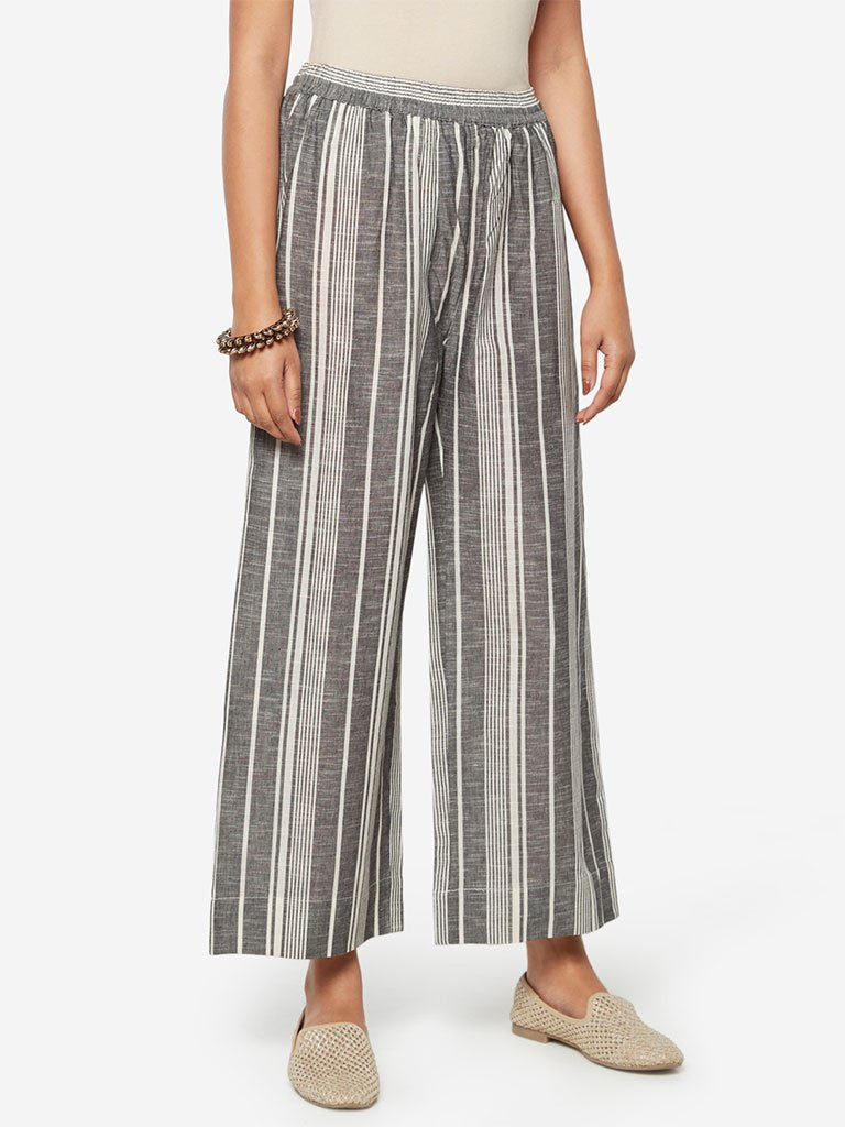 Utsa Grey Stripe Print Palazzos