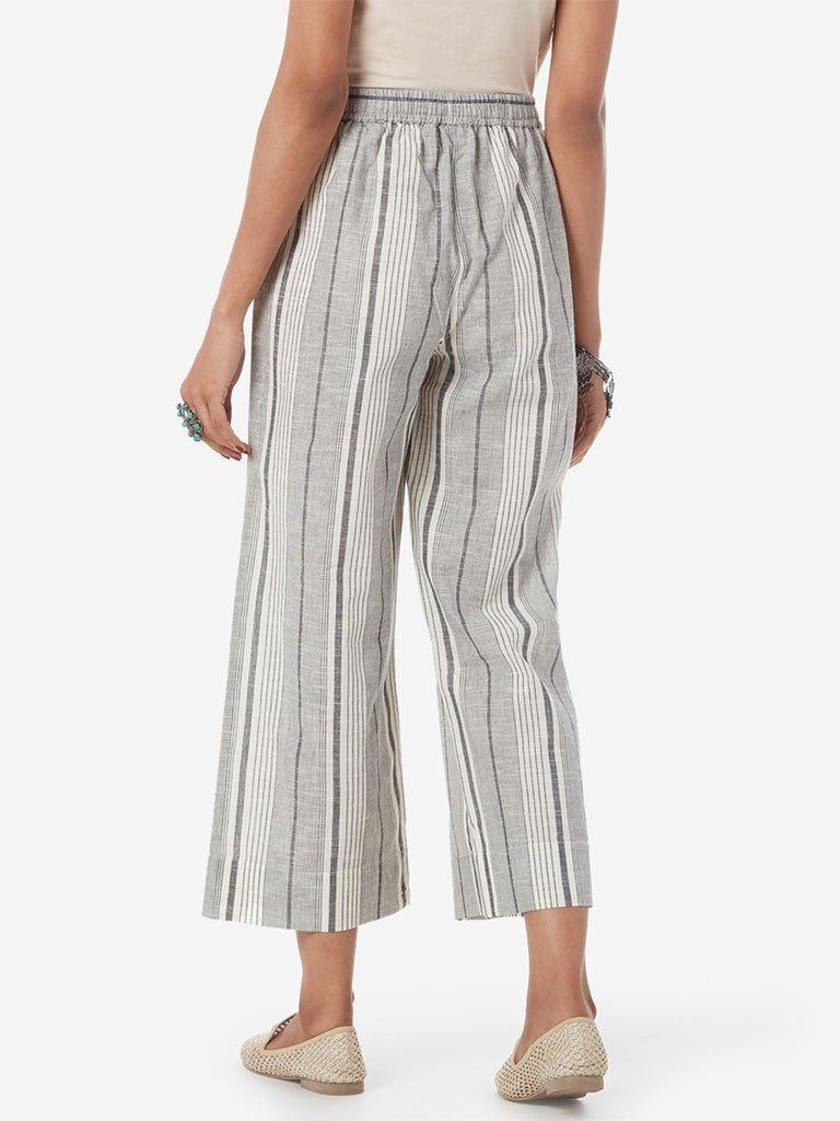 Utsa Off White Pure-Cotton Striped Crop Palazzos