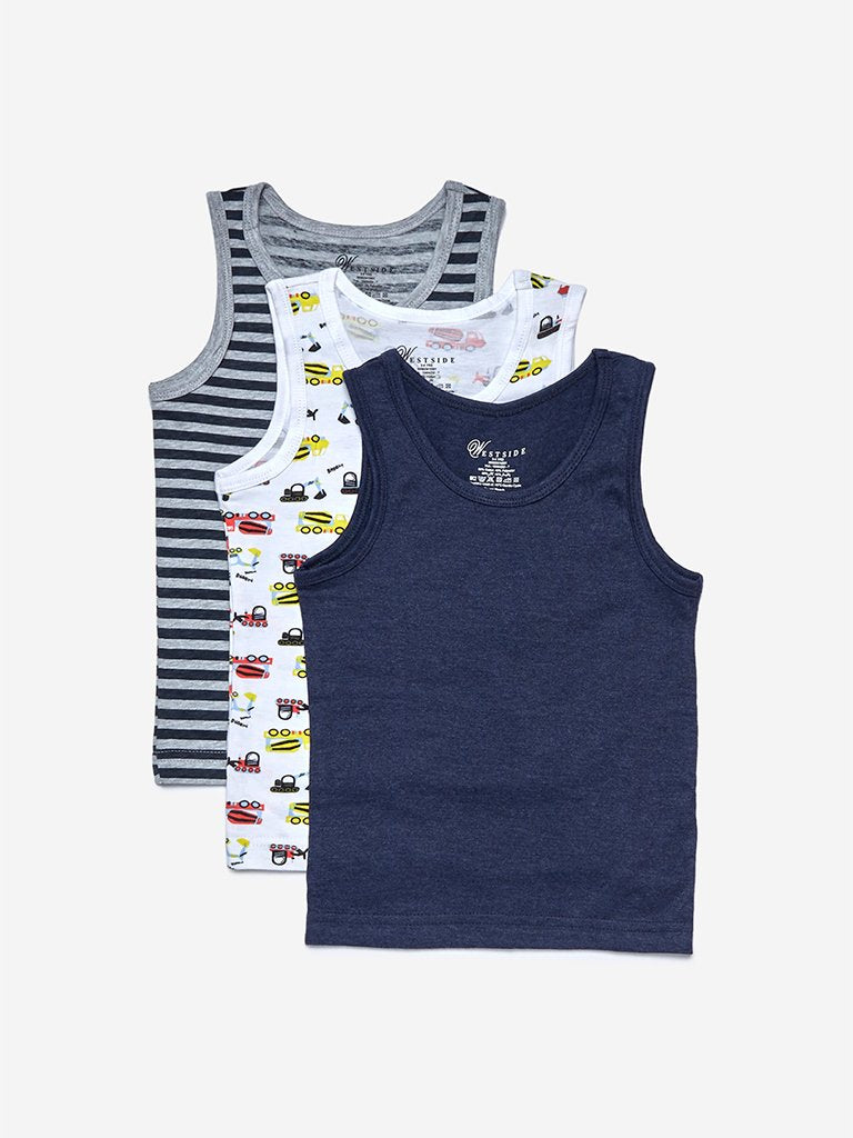 HOP Kids White Printed Vests Pack Of Three