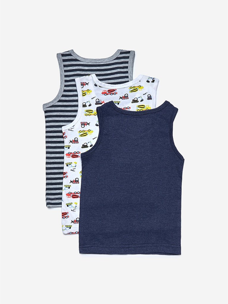 HOP Kids White Printed Vests Pack Of Three