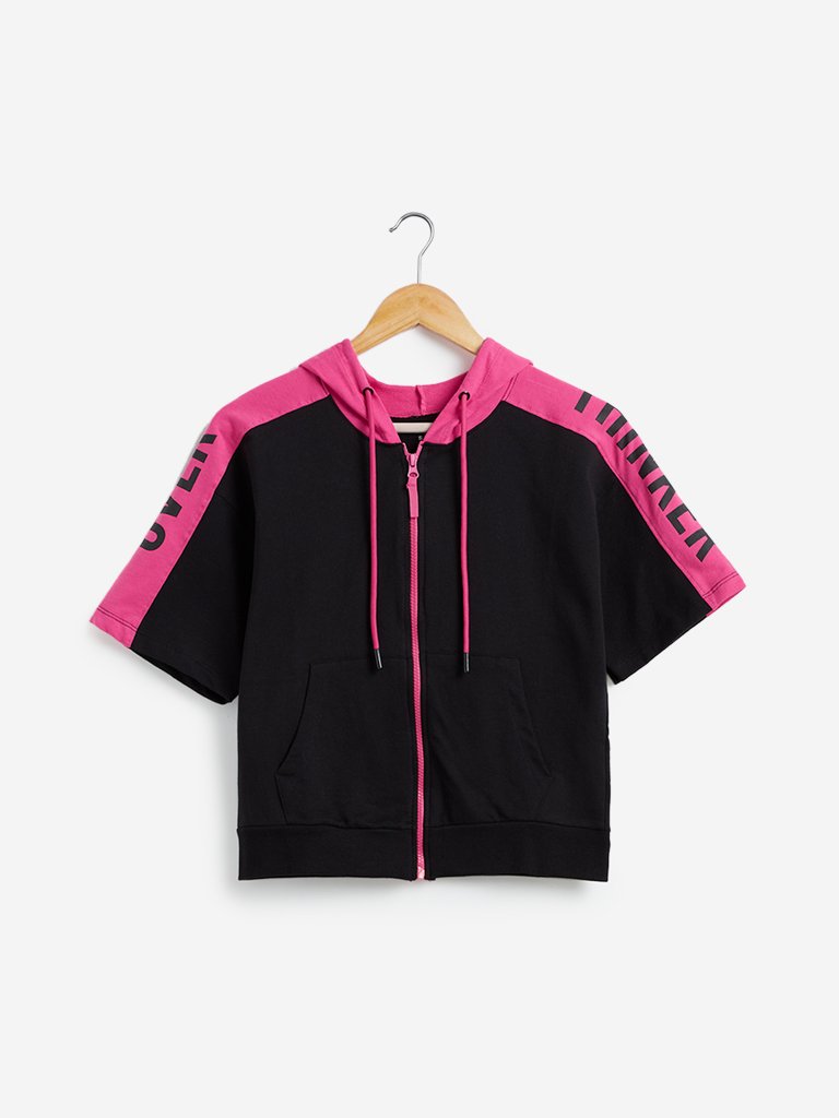 Studiofit Black Text Print Hooded T-Shirt